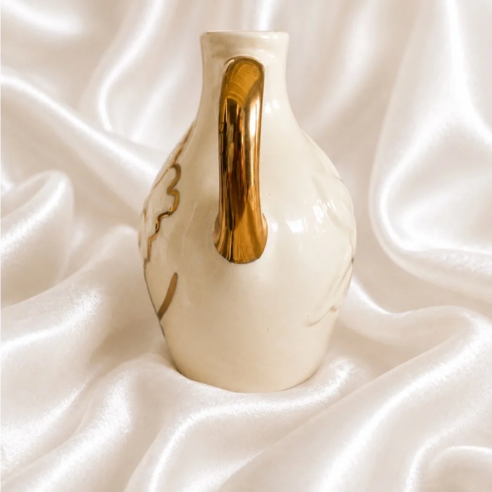 VTG MCM USA Art Pottery Cream & Gold Gilded Flower 5